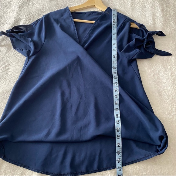 Dark Blue Tied Sleeve Surplice Blouse - Picture 5 of 8